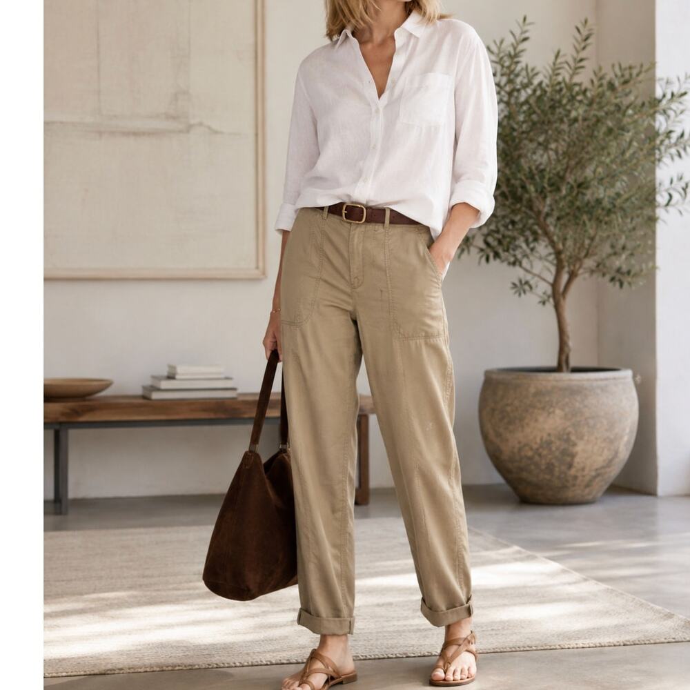 Club Monaco Lyocell Tapered Pants Tan Ankle Utility Relaxed Size 6 Minimalist